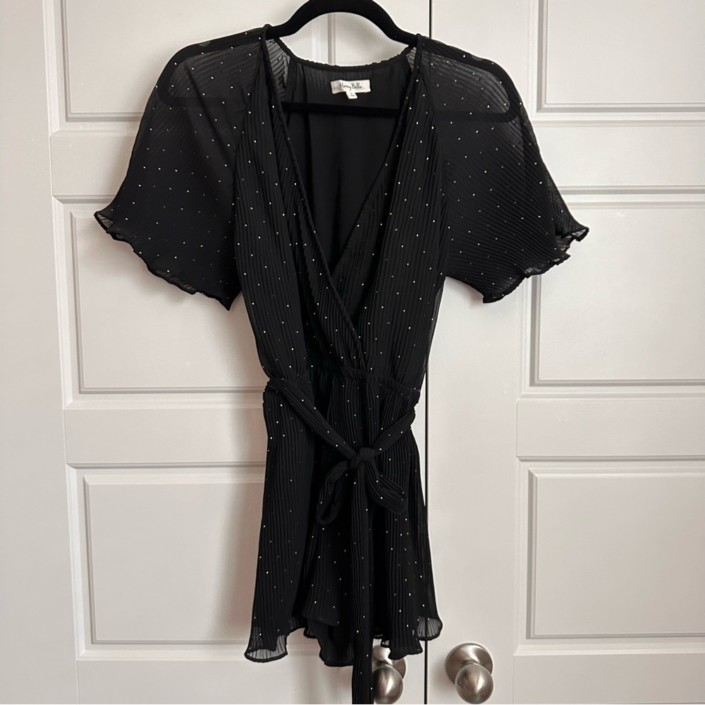 Black and gold pleated tie waist romper in size small